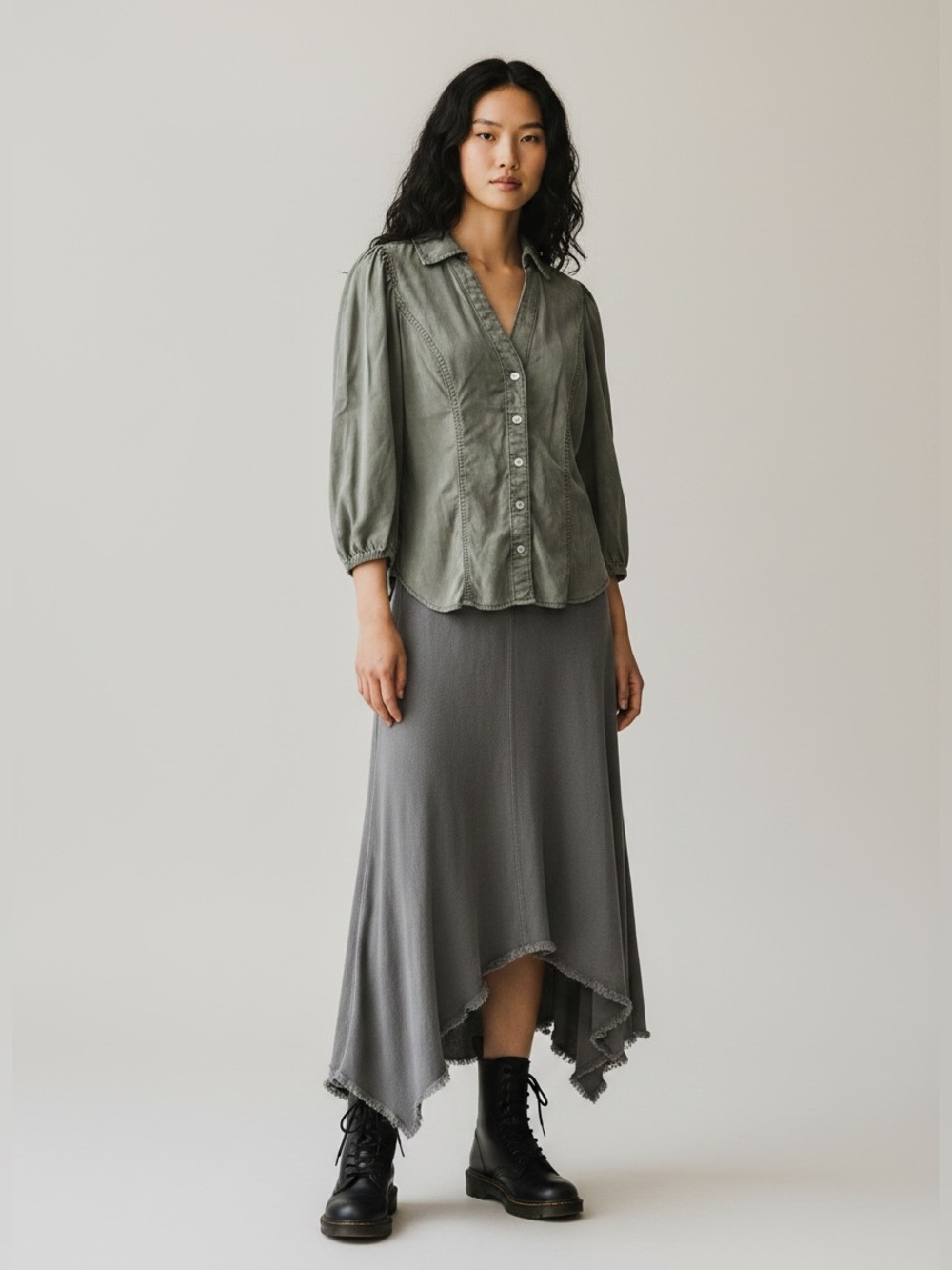 White House Black Market Olive Green Snap Front Puff Sleeve Shirt - Picture 9 of 9